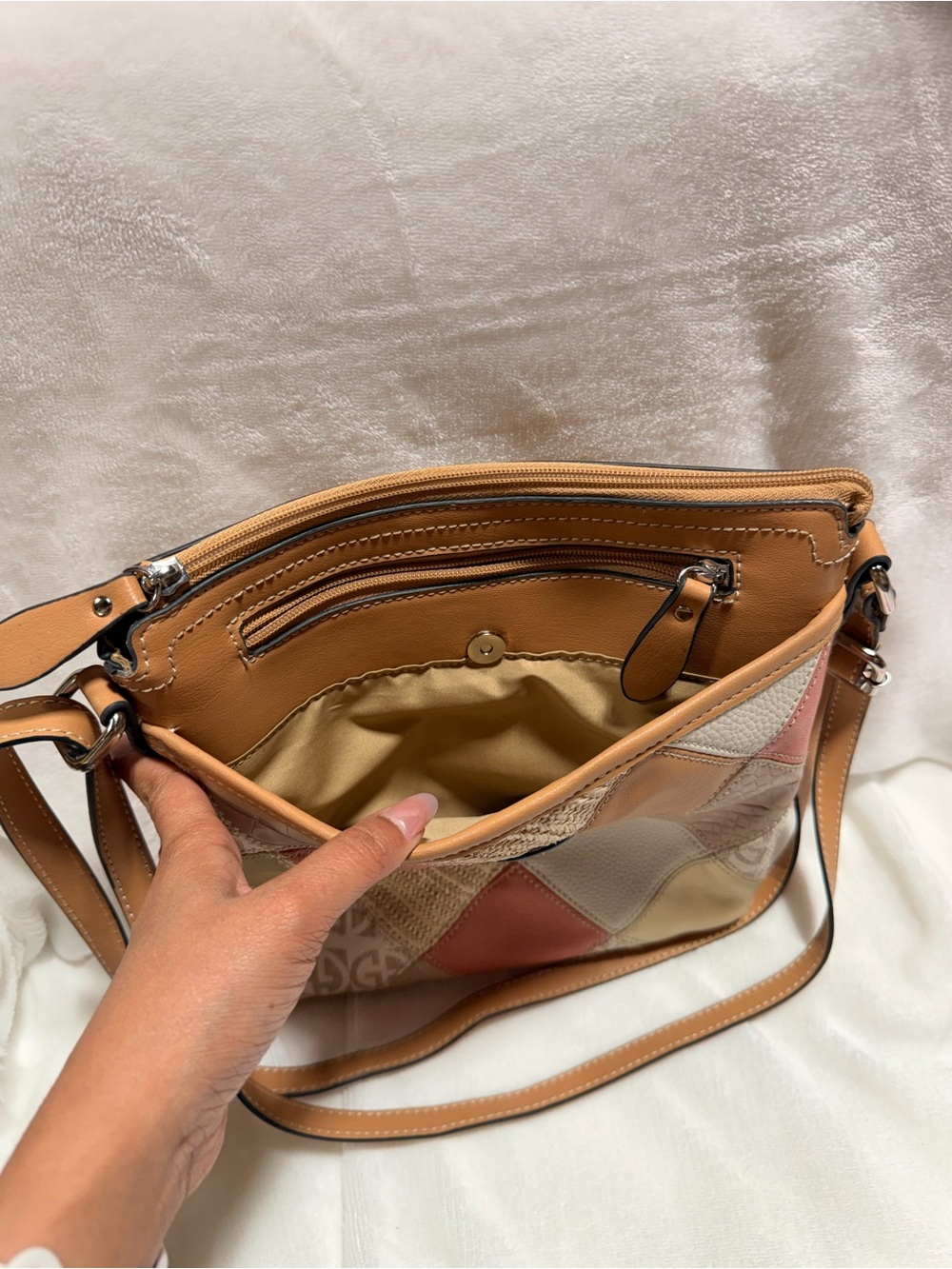Gianni Bini Patchwork Crossbody in Peach, Cream & Tan - Picture 3 of 12